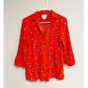 Maeve Red Button-Front Blouse with Cat Print